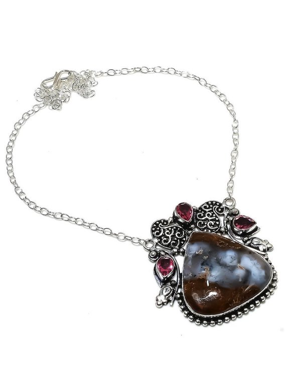 Natural Boulder Opal, Kunzite Gemstone 925 Sterling Silver Necklace 18"