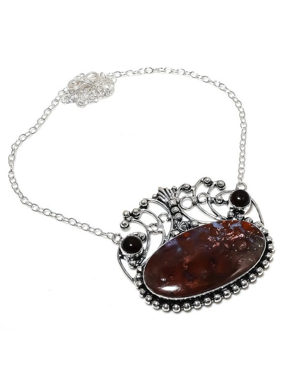 Natural Boulder Opal, Onyx Gemstone 925 Sterling Silver Necklace 18"