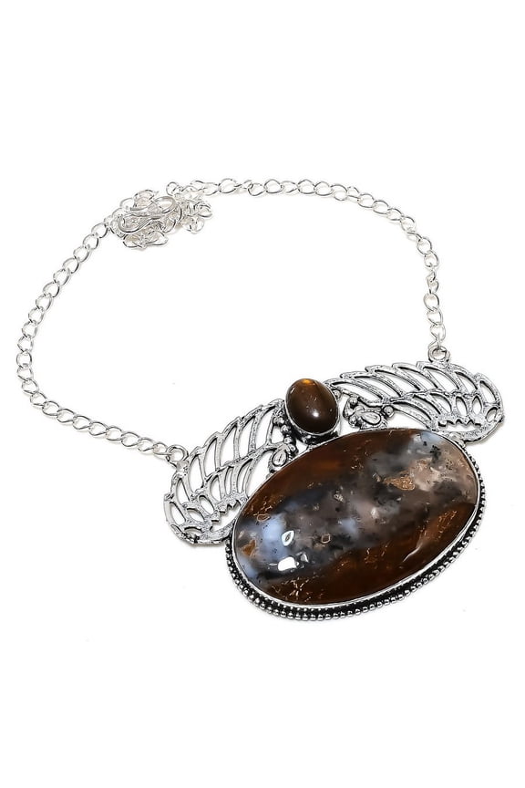 Natural Boulder Opal, Tiger Eye Gemstone 925 Sterling Silver Necklace 18"