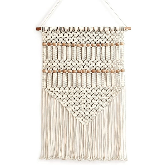 Natural Braid Beads Fringe Macram Wall Hanging Boho Decor Woven Tapestry Cream Beige Bohemian Tassel Wall Hanging Art Cotton Rope Woven Large Room Decor Curtain for Home Apartment Dorm Room Backdrop