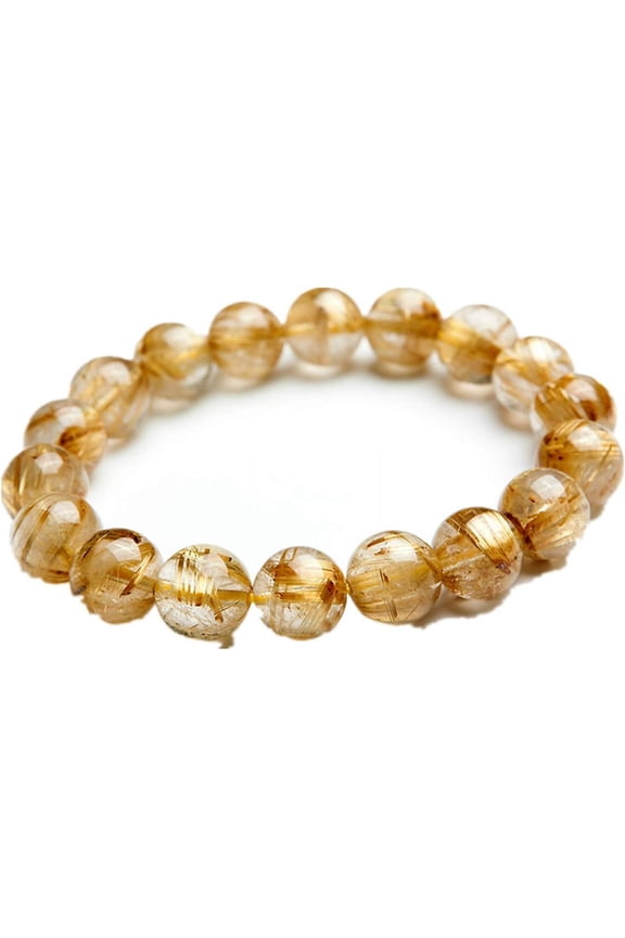 Natural Brazil Gold Rutilated Quartz Bracelet 12mm Round Bead Crystal Energy Bracelet
