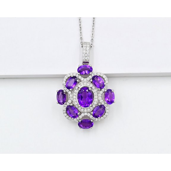 Natural Brazilian Amethyst Pendant Necklace in 925 Sterling Silver with 9 Oval Stones and 20-Inch Chain