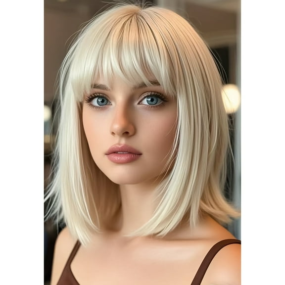 Natural & Breathable Blonde Bob Wig with Bangs - Straight, High-Quality Fiber, Rose Net Cap, Perfect for Women, Stylish Hair Accessory|Straight Hair Wig|Breathable Fiber
