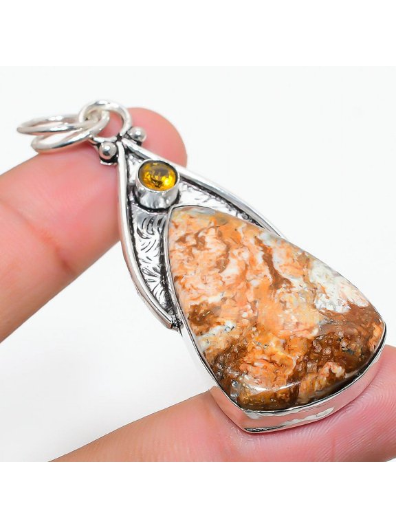 Natural Brecciated Mookaite, Citrine 925 Sterling Silver Pendant 2.56"
