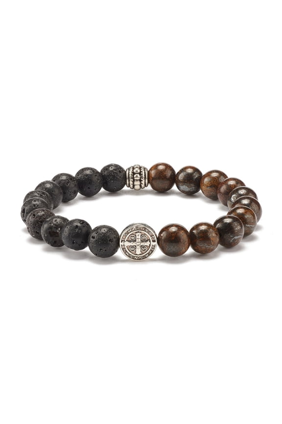 Natural Bronzite & Lava Rock Round Beads Stretch Bracelet Stone Bracelet with Jesus Beads for Women Inner Diameter: 2 inch(5.1cm)