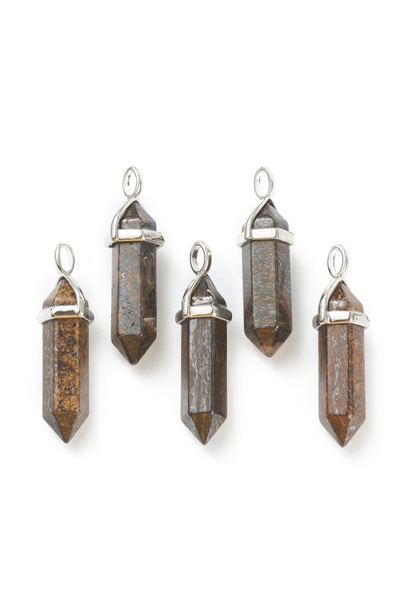 Natural Bronzite Pointed Pendants with Platinum Tone Brass Findings Bullet 39.5x12x11.5mm Hole: 4.5x2.8mm Bronzite