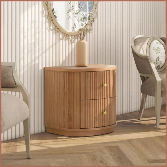 Natural Brown Beech Wood 24” Coffee Table with 2 Drawers – Timeless Half-Moon Design for Living Room