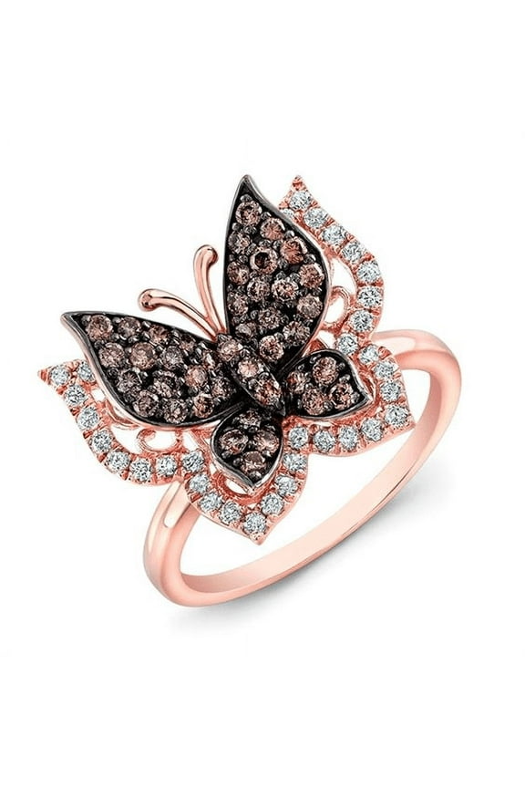 Natural Brown Diamond Butterfly Ring in 14k Rose Gold Finish - Birthday Gift For Her