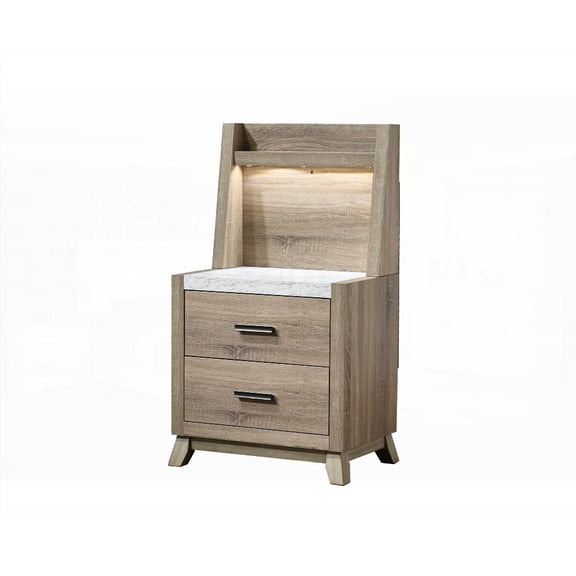 Natural Brown Faux Stone Top Nightstand Equipped with Wall Panel & LED Light