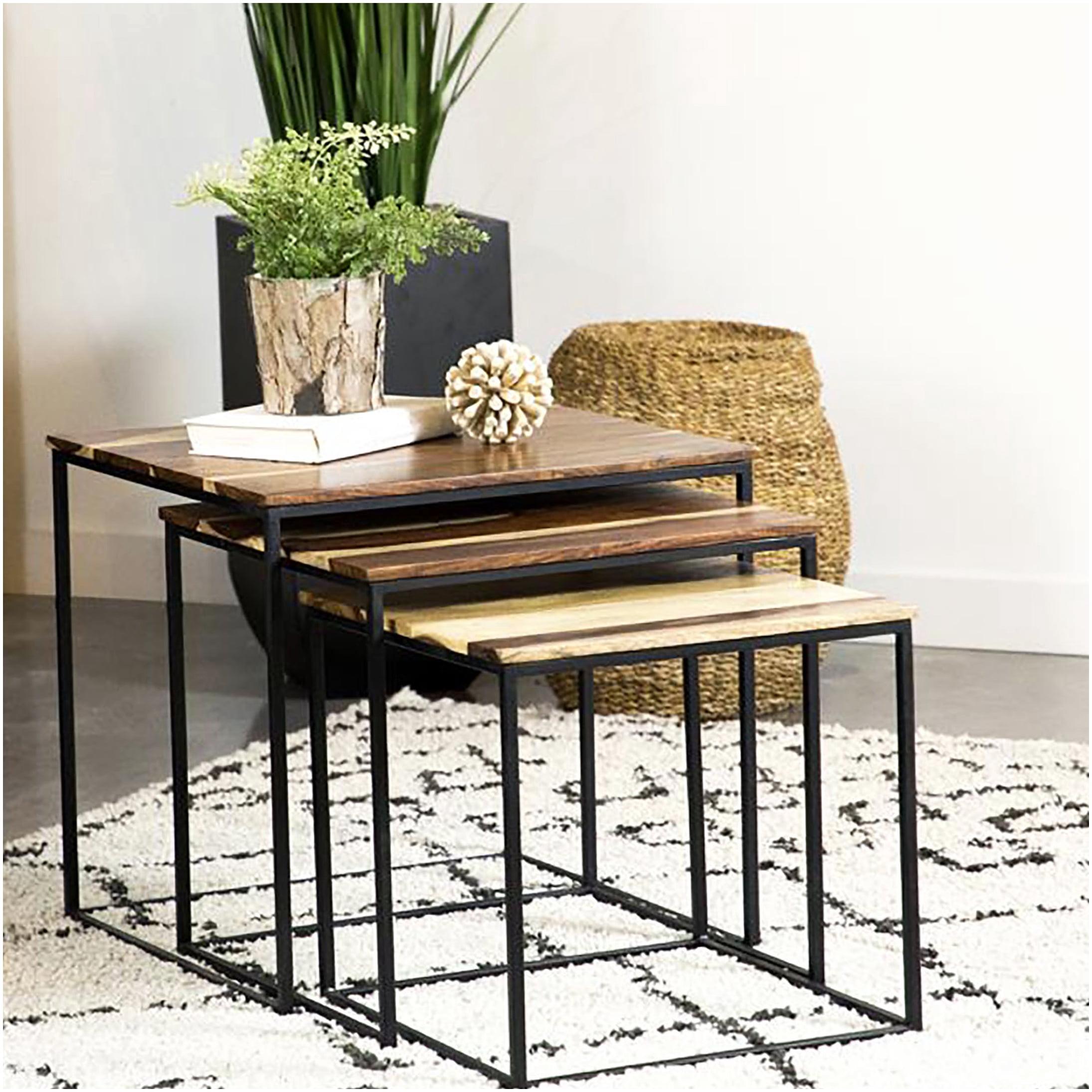 Stackable Nesting Modular Natural Brown Sheesham Wood 3-Tier Stackable Nesting Tables with Black ...