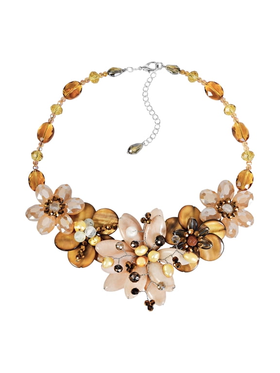 Natural Brown Tones Agate Stone and Seashell Floral Necklace