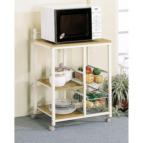 Natural Brown And White Kitchen Cart, Ample Space On Shelf For Appliances, Two-shelf Storage, , 4 Portable Piece Cart With Spacious Wire 4 Wheels, Contemporary Style