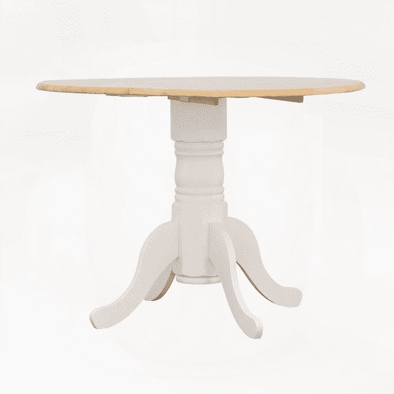 Natural Brown and White Round Dining Table with Drop Leaf for Small Spaces | Asian Hardwood | Drop Leaf Feature | Stable Pedestal Base