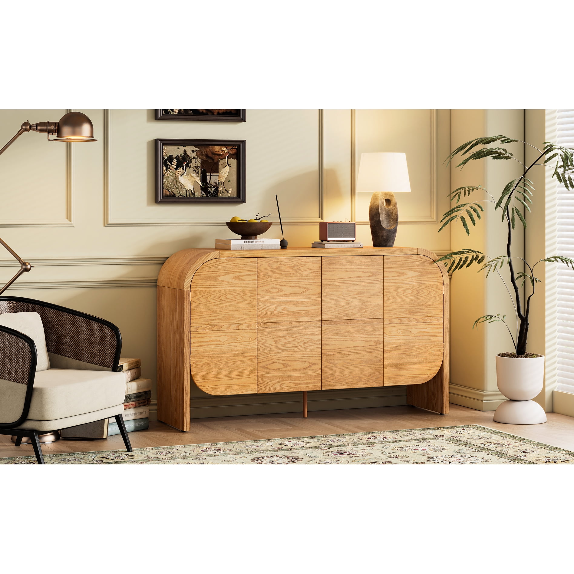TREXM Buffet Cabinet with Storage, Wood Sideboard with Curvy Edge, 4 Doors Retro Credenza with Adjustable Shelves for Living Room, Kitchen – Natural main image 1