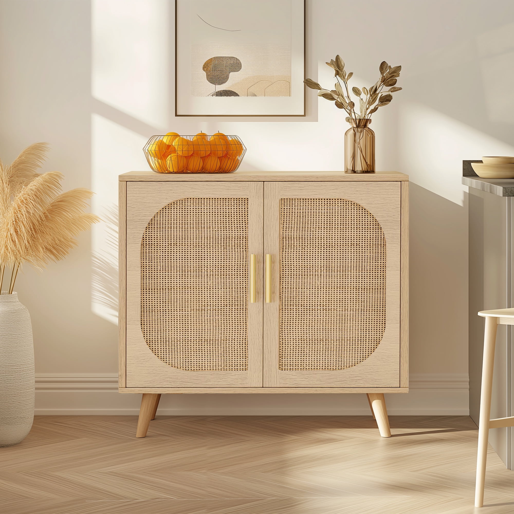 Natural Buffet Cabinet with 2 Doors and 4 Compartments – Solid Wood Feet Sideboard for Bathroom, Hallway, Entry, Living Room