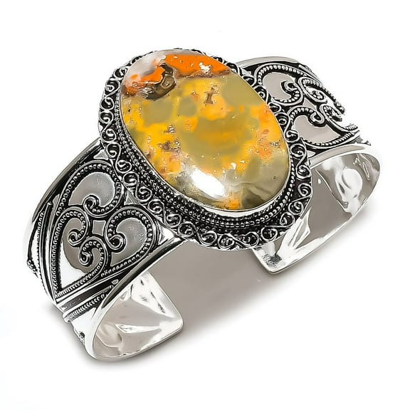 Natural Bumble Bee Jasper 925 Sterling Silver Cuff Bangle Adjustable