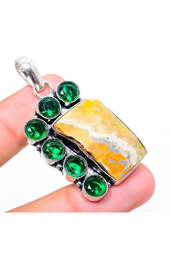 Natural Bumble Bee Jasper,Diopside Stone 925 Sterling Silver Pendant 1.97"