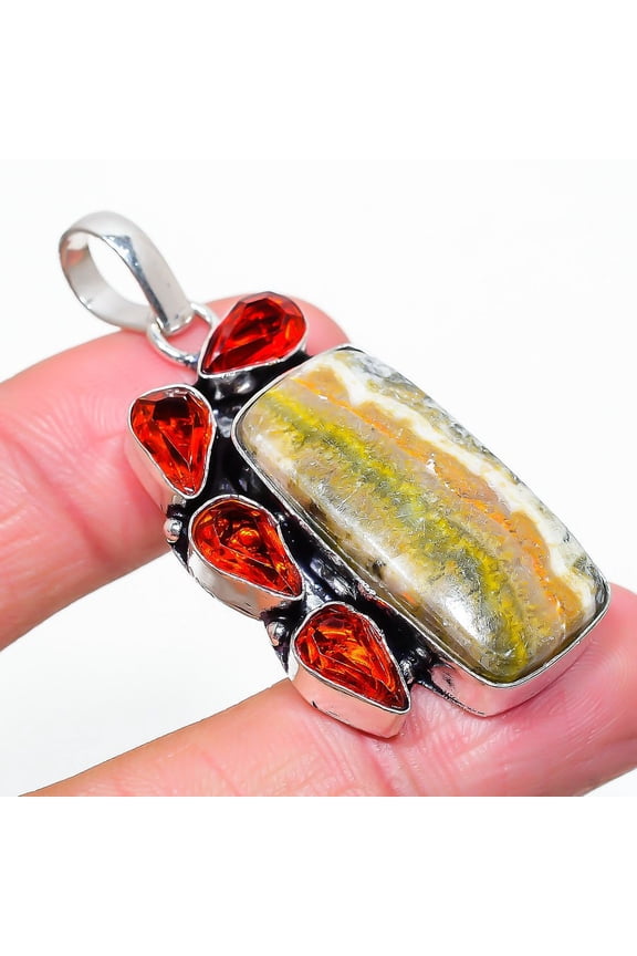 Natural Bumble Bee Jasper,Garnet Gemstone 925 Sterling Silver Pendant 2.09"