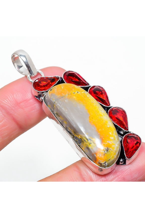 Natural Bumble Bee Jasper,Garnet Gemstone 925 Sterling Silver Pendant 2.44"