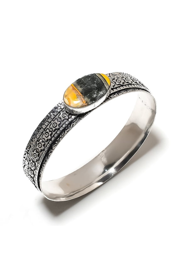 Natural Bumble Bee Jasper Gemstone 925 Sterling Silver Cuff Bangle 7.5"