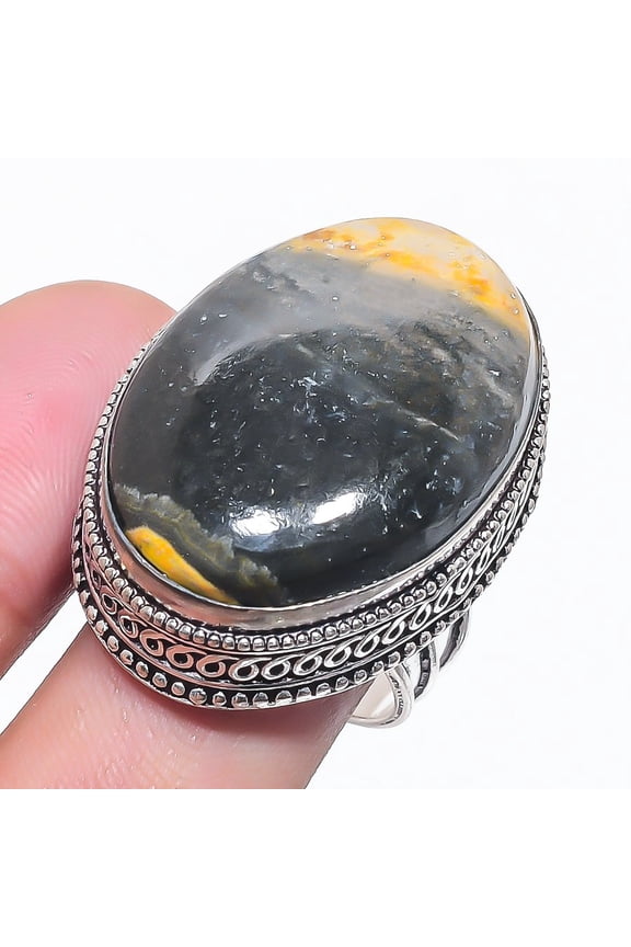 Natural Bumble Bee Jasper Gemstone 925 Sterling Silver Jewelry Ring Size 10