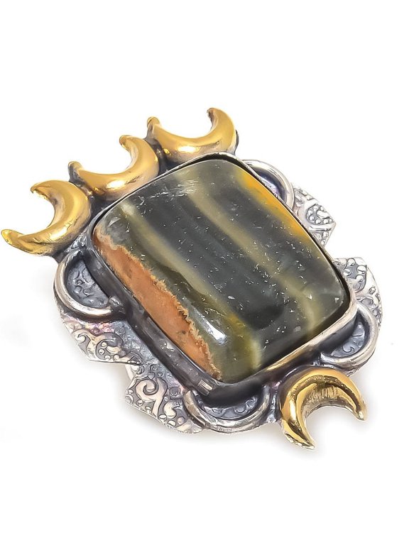 Natural Bumble Bee Jasper Gemstone 925 Sterling Silver Two Tone Ring Size 7