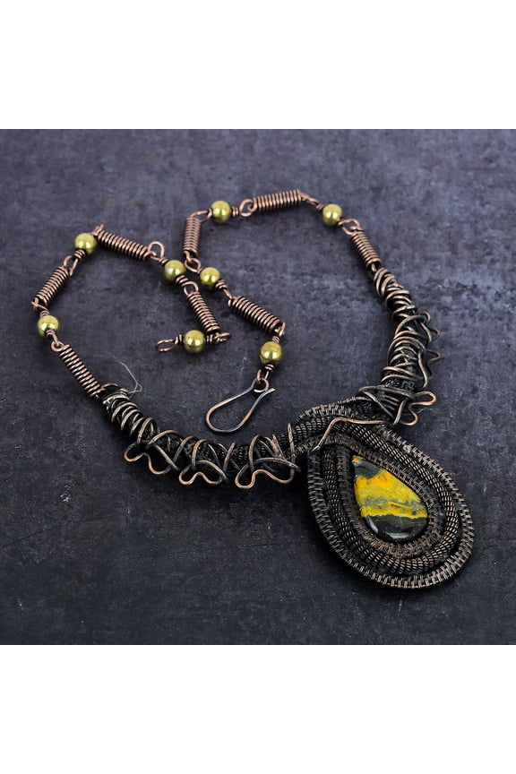 Natural Bumble Bee Jasper Gemstone Copper Wire Wrap Jewelry Necklace 18"