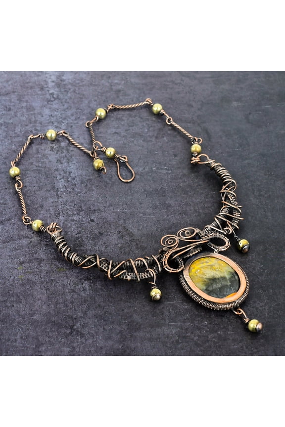 Natural Bumble Bee Jasper Gemstone Copper Wire Wrap Jewelry Necklace 18"