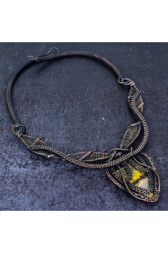 Natural Bumble Bee Jasper Gemstone Copper Wire Wrap Jewelry Necklace 18"