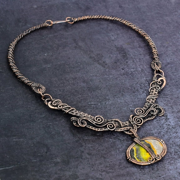 Natural Bumble Bee Jasper Gemstone Copper Wire Wrap Jewelry Necklace 18"
