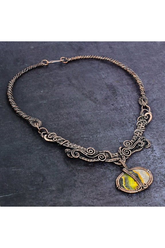 Natural Bumble Bee Jasper Gemstone Copper Wire Wrap Jewelry Necklace 18"