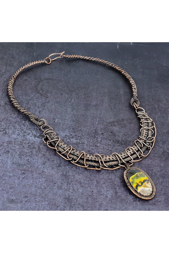 Natural Bumble Bee Jasper Gemstone Copper Wire Wrap Jewelry Necklace 18"