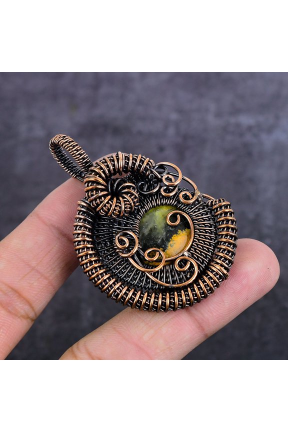Natural Bumble Bee Jasper Gemstone Copper Wire Wrap Jewelry Pendant 2.36"