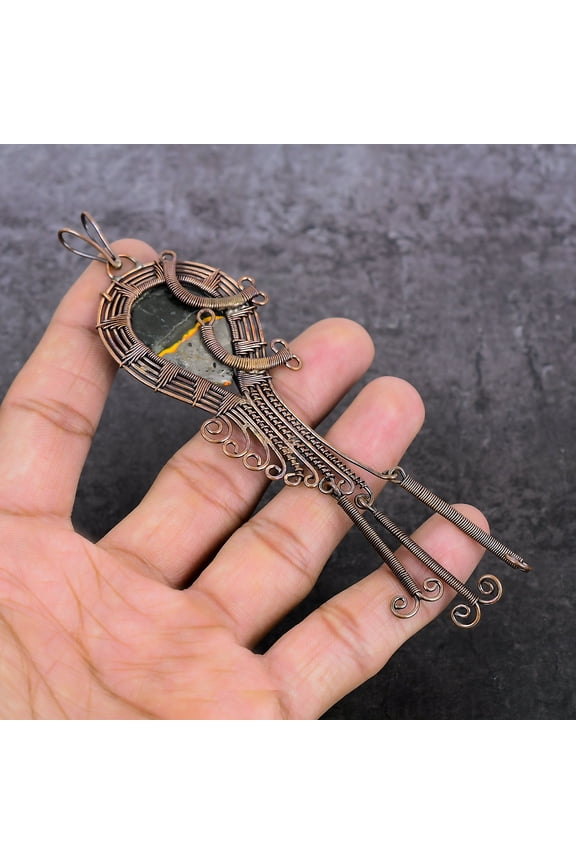 Natural Bumble Bee Jasper Gemstone Copper Wire Wrap Jewelry Pendant 5.12"