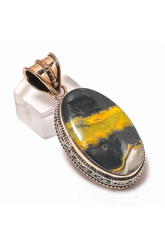 Natural Bumble Bee Jasper Gemstone Handmade Copper Jewelry Pendant 2.09"