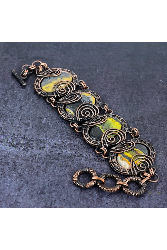 Natural Bumble Bee Jasper Gemstone Handmade Copper Wire Wrap Bracelet 7-8"