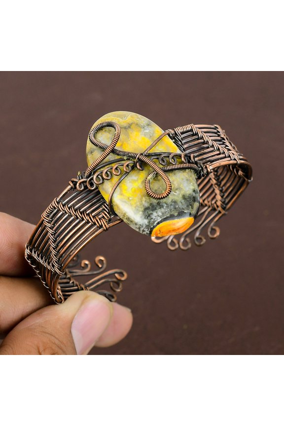 Natural Bumble Bee Jasper Handmade Copper Wire Wrap Bangle Adjustable
