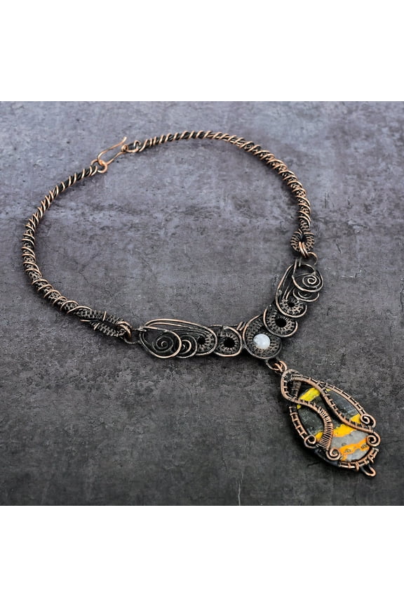 Natural Bumble Bee Jasper, Moonstone Copper Wire Wrap Jewelry Necklace 18"
