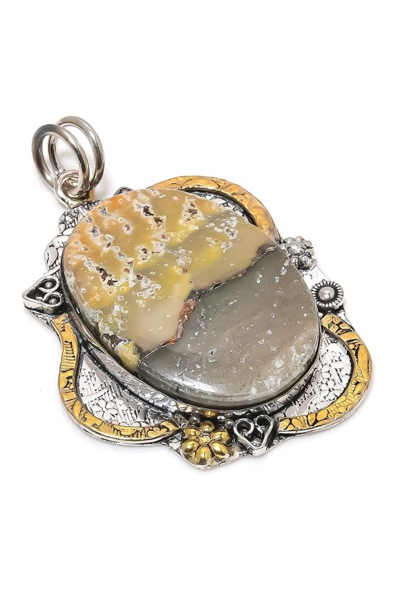 Natural Bumble Bee Jasper Stone 925 Sterling Silver Two Tone Pendant 2.56"