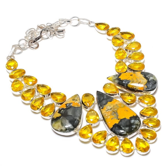 Natural Bumblebee Jasper, Citrine Gemstone 925 Sterling Silver Necklace 18"