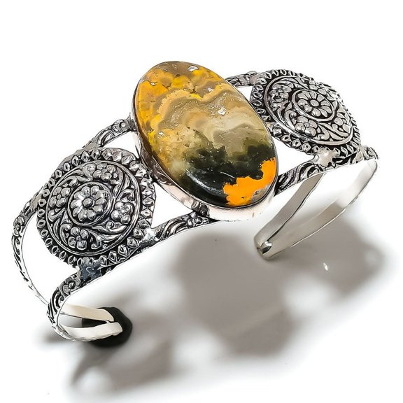 Natural Bumblebee Jasper Gemstone 925 Sterling Silver Cuff Bangle Adj.