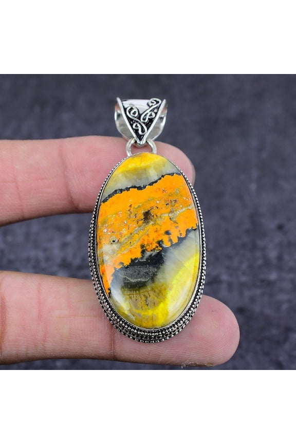 Natural Bumblebee Jasper Gemstone 925 Sterling Silver Jewelry Pendant 2.36"