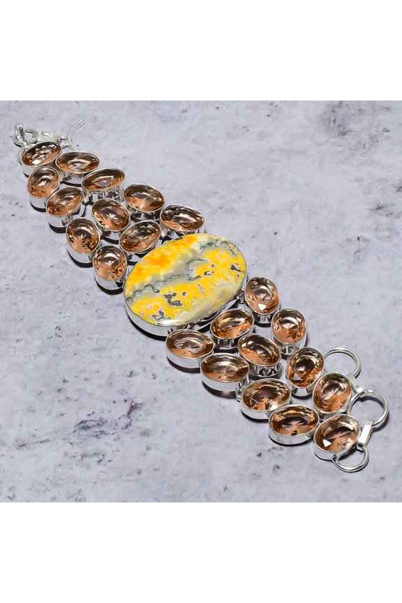 Natural Bumblebee Jasper,Morganite Stone 925 Sterling Silver Bracelet 7-8"