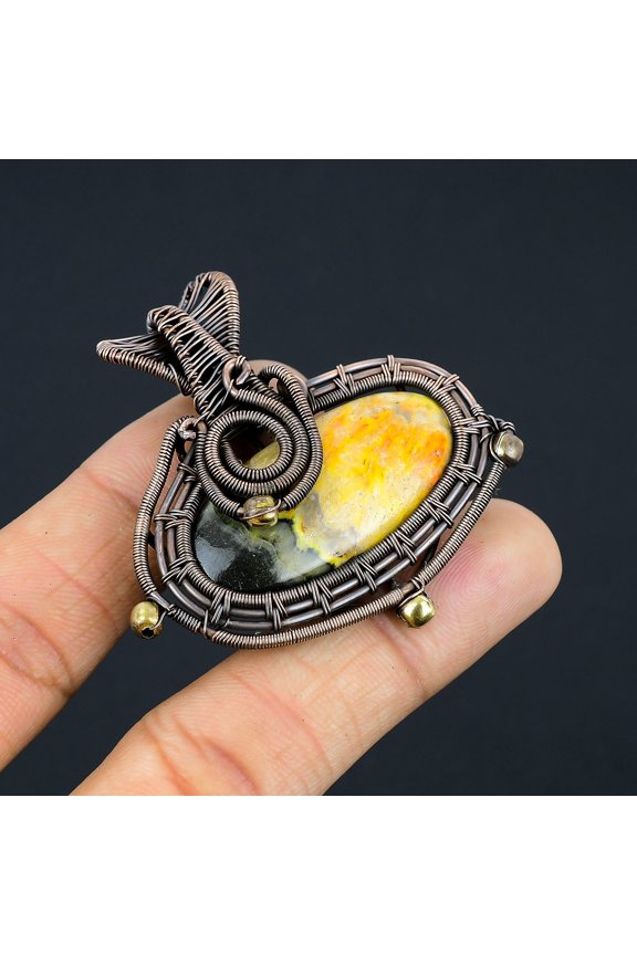 Natural Bumblee Bee Jasper Gemstone Copper Wire Wrap Gift Pendant 2.17"