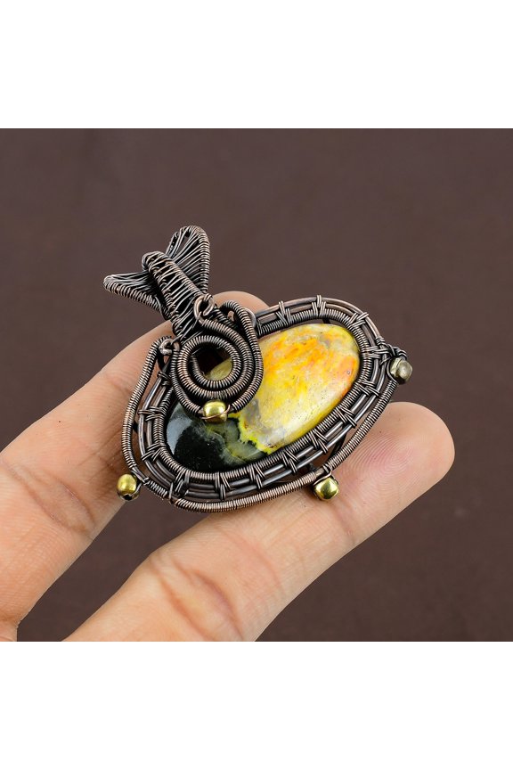 Natural Bumblee Bee Jasper Gemstone Copper Wire Wrap Gift Pendant 2.17"