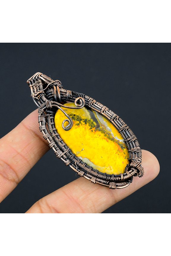 Natural Bumblee Bee Jasper Gemstone Copper Wire Wrap Gift Pendant 2.95"