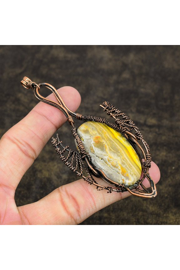Natural Bumblee Bee Jasper Gemstone Copper Wire Wrap Gift Pendant 4.13"