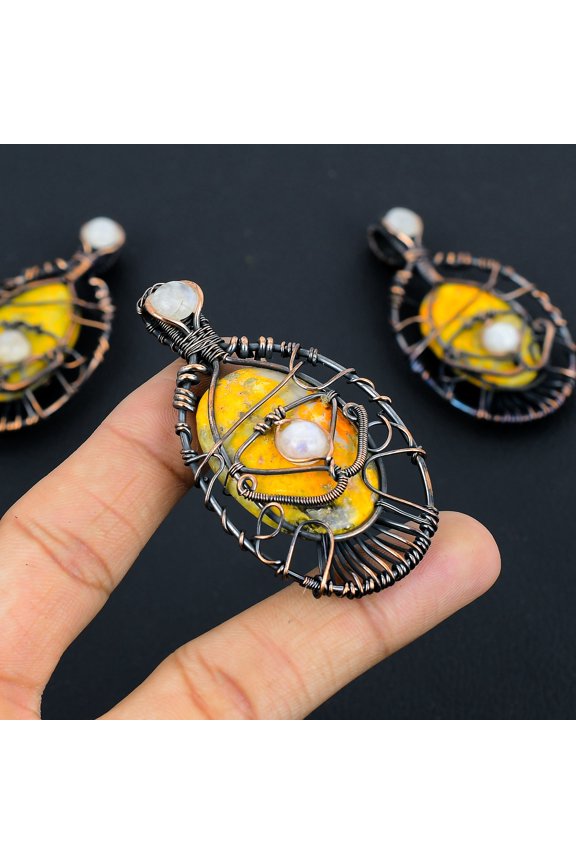 Natural Bumblee Bee Jasper,Moonstone Stone Copper Wire Wrap Pendant 2.76"