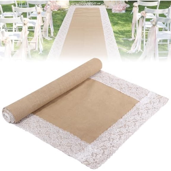 Natural Burlap Aisle Runner with Lace, 36 in x 20 FT Rustic Wedding & Party Aisle Runner for Outdoor Events, Brown & White Burlap Runner for Farmhouse Decor & Elegant Touches$$Electronics Accessories