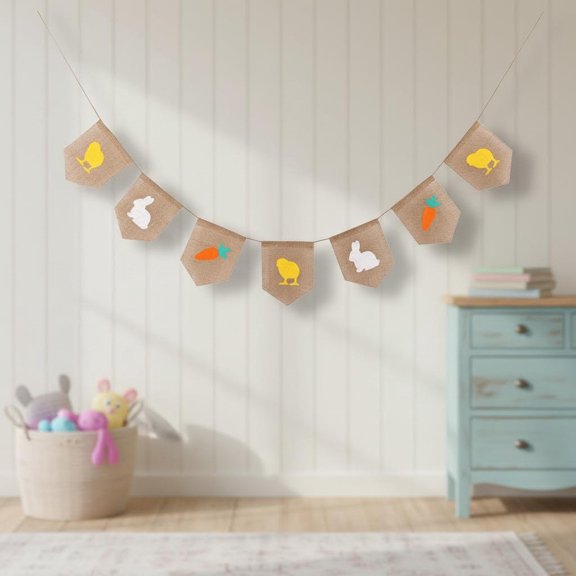 Natural Burlap Banner for Easter Decorations, Bunny Carrot and Chick Pattern Bunting Banner